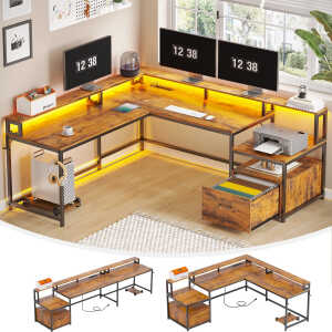 L Shaped Desk with Power Outlet and LED Lights, Corner Computer Desk with File Drawer for Home Office, Gaming Desk, Rustic Brown
