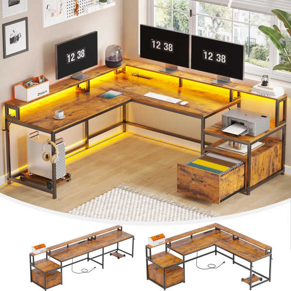 L Shaped Desk with Power Outlet and LED Lights, Corner Computer Desk with File Drawer for Home Office, Gaming Desk, Rustic Brown