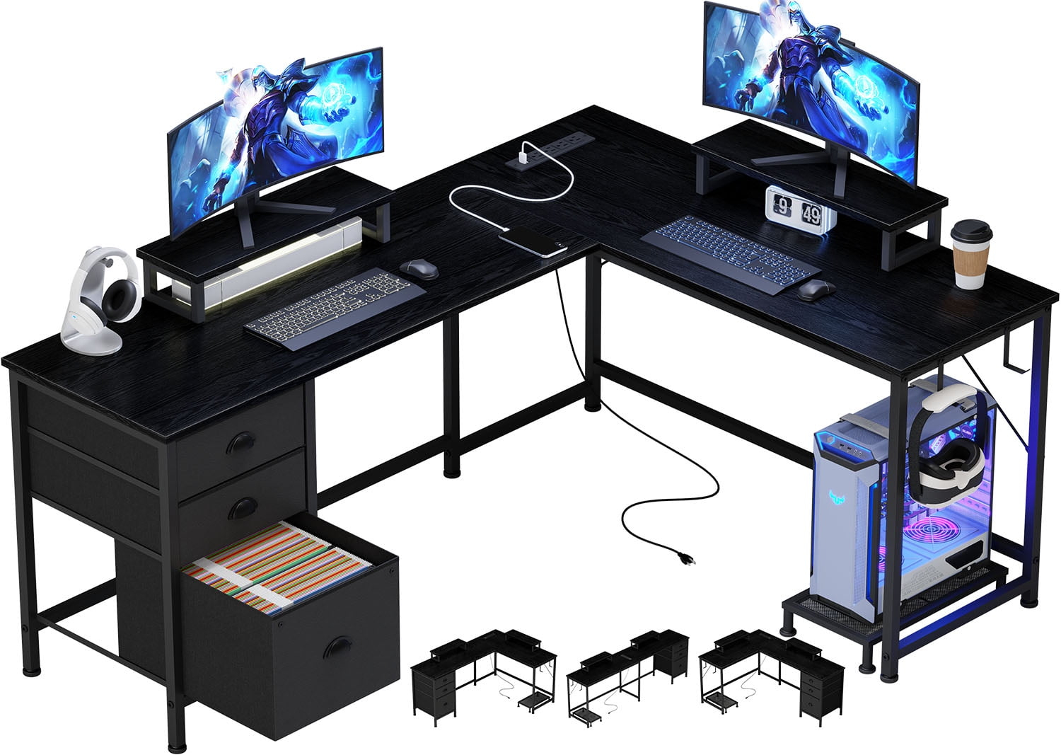 GIKPAL L Shaped Computer Desk, Reversible Gaming Desk with Drawers, Corner Desk with Storage Shelves & Monitor Stand, Home