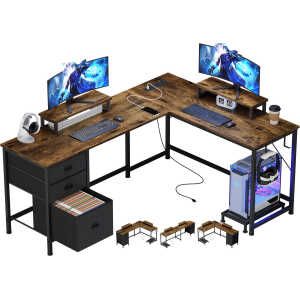 GIKPAL L Shaped Computer Desk, Reversible Gaming Desk with Drawers, Corner Desk with Storage Shelves & Monitor Stand, Home
