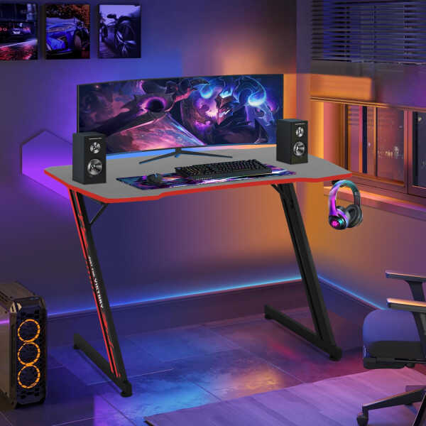 NiamVelo 47 inch Gaming Desk, Z-Shaped PC Computer Table Ergonomic Gamer Workstation with Headphone Hook for Home Office, Red