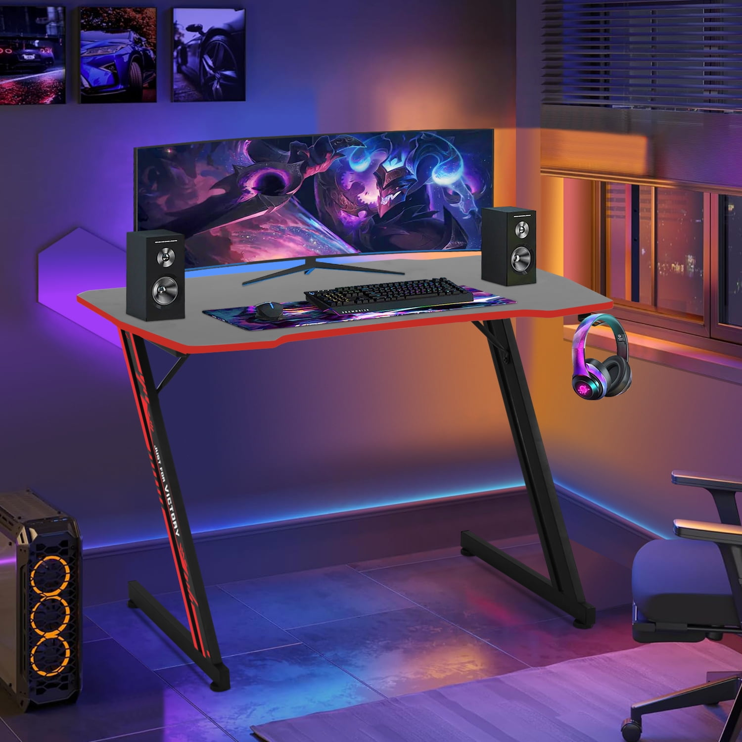 NiamVelo 47 inch Gaming Desk, Z-Shaped PC Computer Table Ergonomic Gamer Workstation with Headphone Hook for Home Office, Red