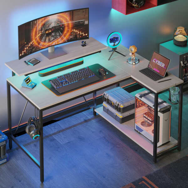 Pinmoco 42" Reversible L-Shaped Gaming Desk with Monitor Stand, LED Lights& Headset Hooks, Home Office, Carbon Fiber Black