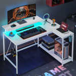 Pinmoco 42" Reversible L-Shaped Gaming Desk with Monitor Stand, LED Lights& Headset Hooks, Home Office, Carbon Fiber Black