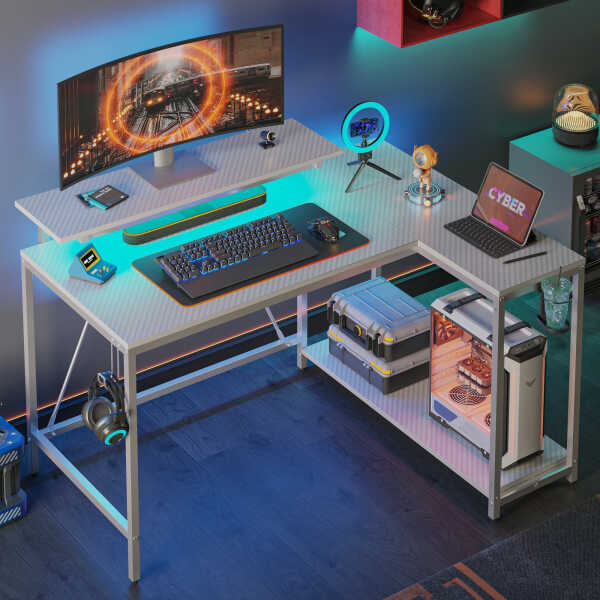 Pinmoco 42" Reversible L-Shaped Gaming Desk with Monitor Stand, LED Lights& Headset Hooks, Home Office, Carbon Fiber Black