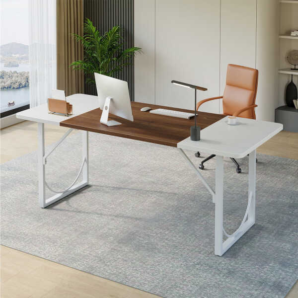 Pinmoco 63" Executive Desk, Lager Writing Desk with Metal Frame, Home and Office, Black with Walnut
