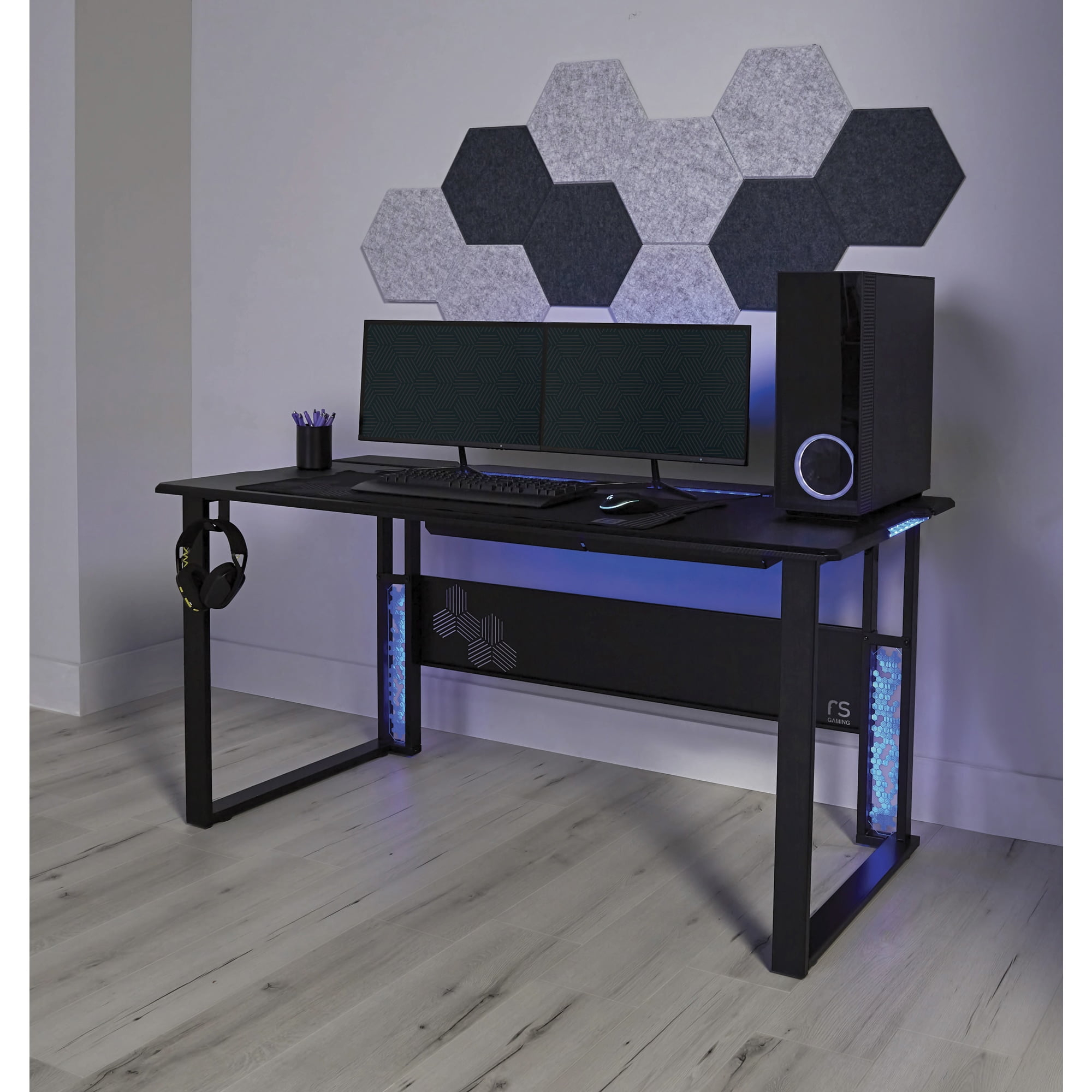 RS Gaming&trade Gaming Computer Desk RGB with 10 Acoustic Panels, Black