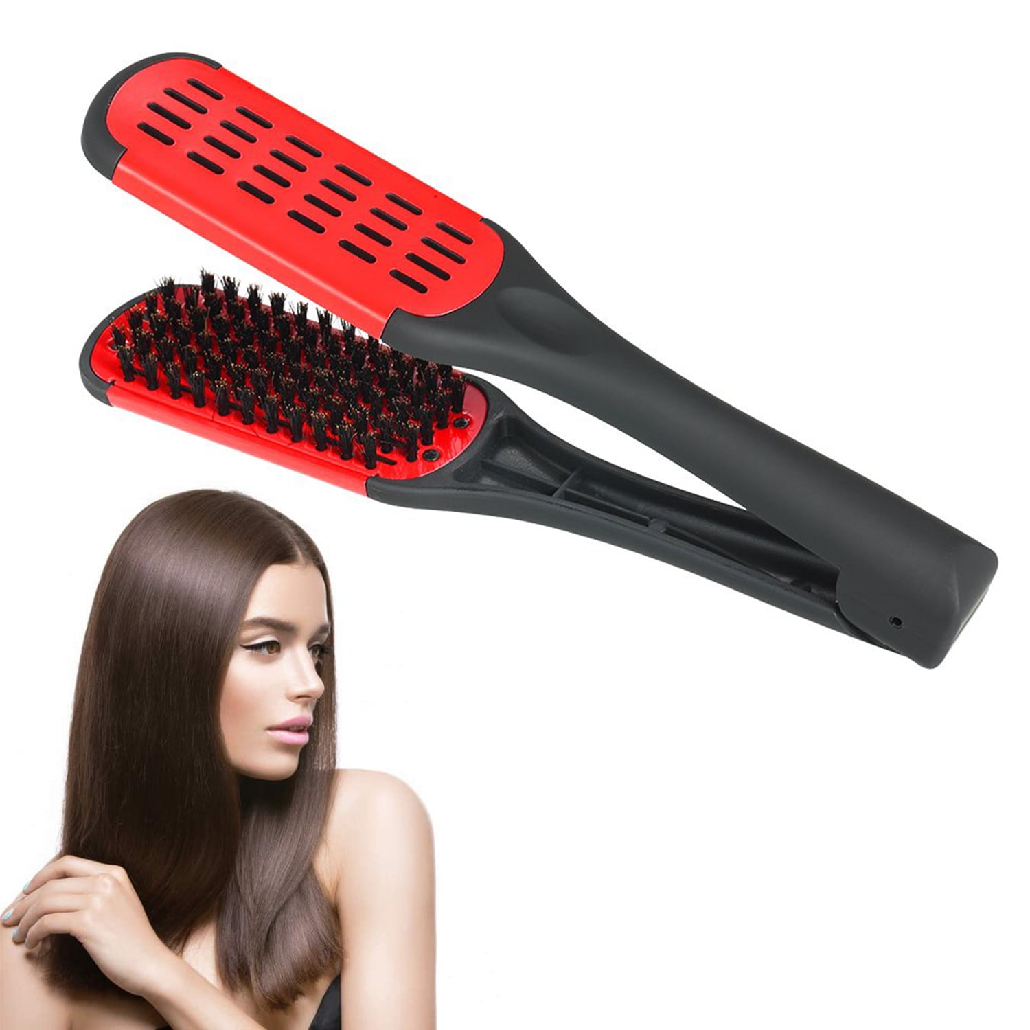SHELLTON Hair Straightener Brush, Anti-static Dual-Brush Comb, Professional V-Shaped Clamp Styling Comb Tool for Home and