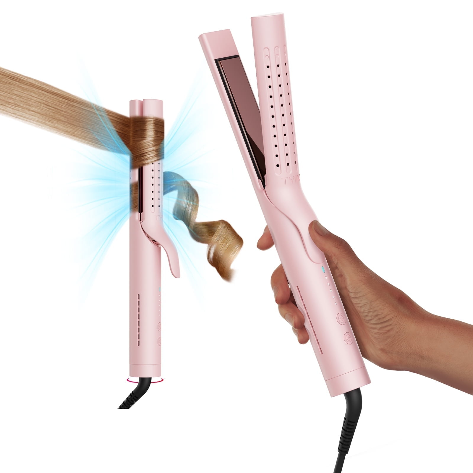 TYMO 360&deg Airflow Curling Iron, Flat Iron Hair Straightener and Curler 2 in 1, 5 Temps & Dual Voltage, 1.25 Inch, Pink