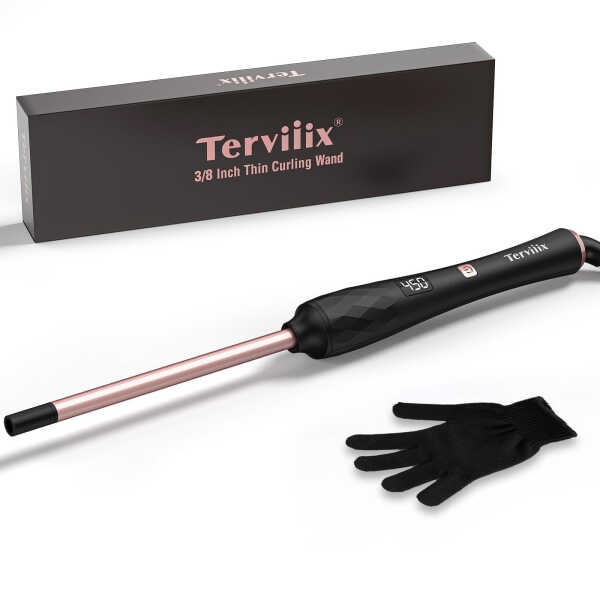 Terviiix Small Barrel Curling Wand, 3/8" Thin Curling Iron with Adjustable Heating, Black