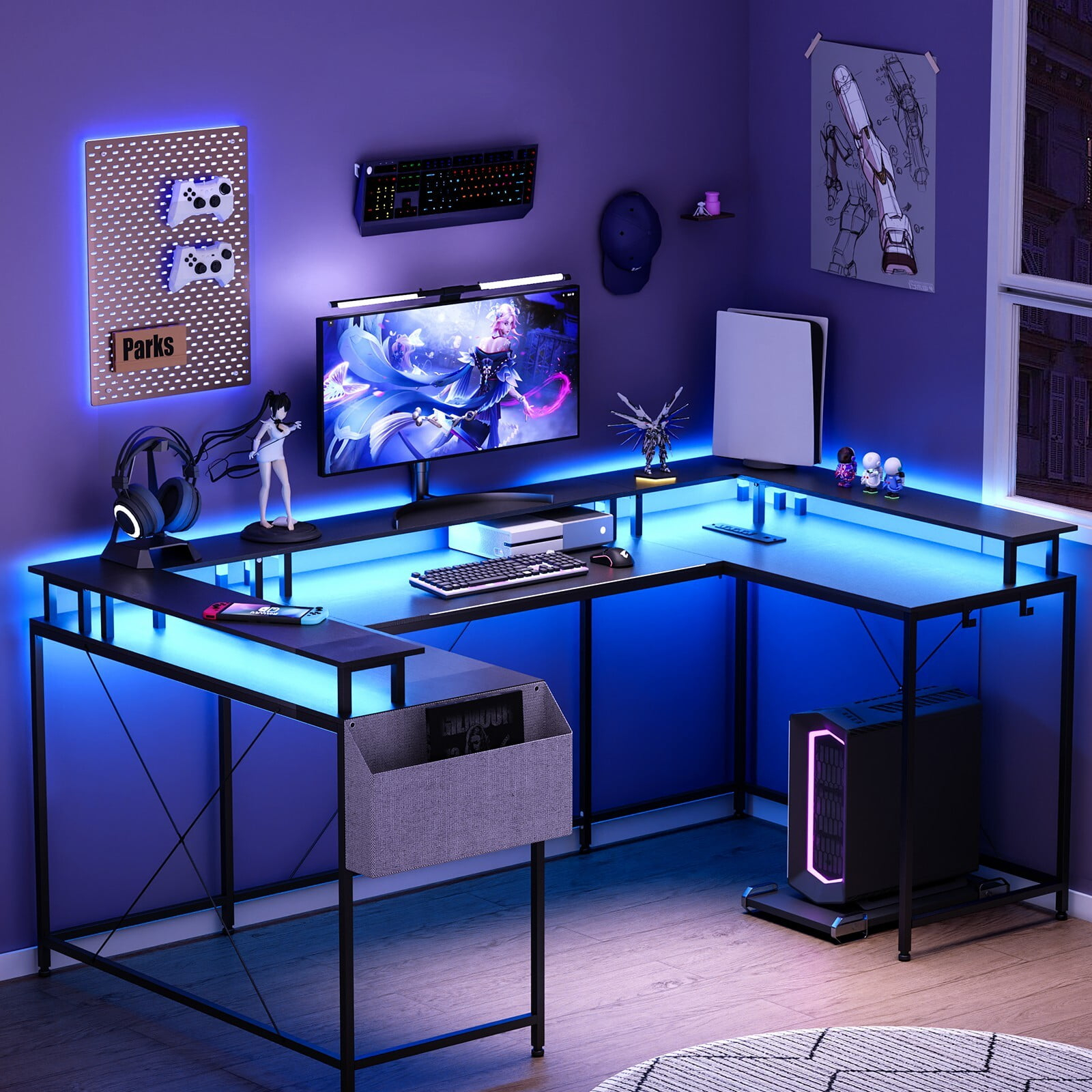 Towallmark Reversible 79" U Shaped Gaming Desk Office Corner Computer PC Home Desk With LED Light Strip Power Outlet Monitor