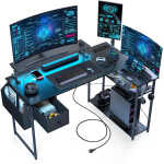 Upgo 55" Gaming Desk with Adjustable Storage Rack & LED Lights, Power Outlets for Adult and Teen
