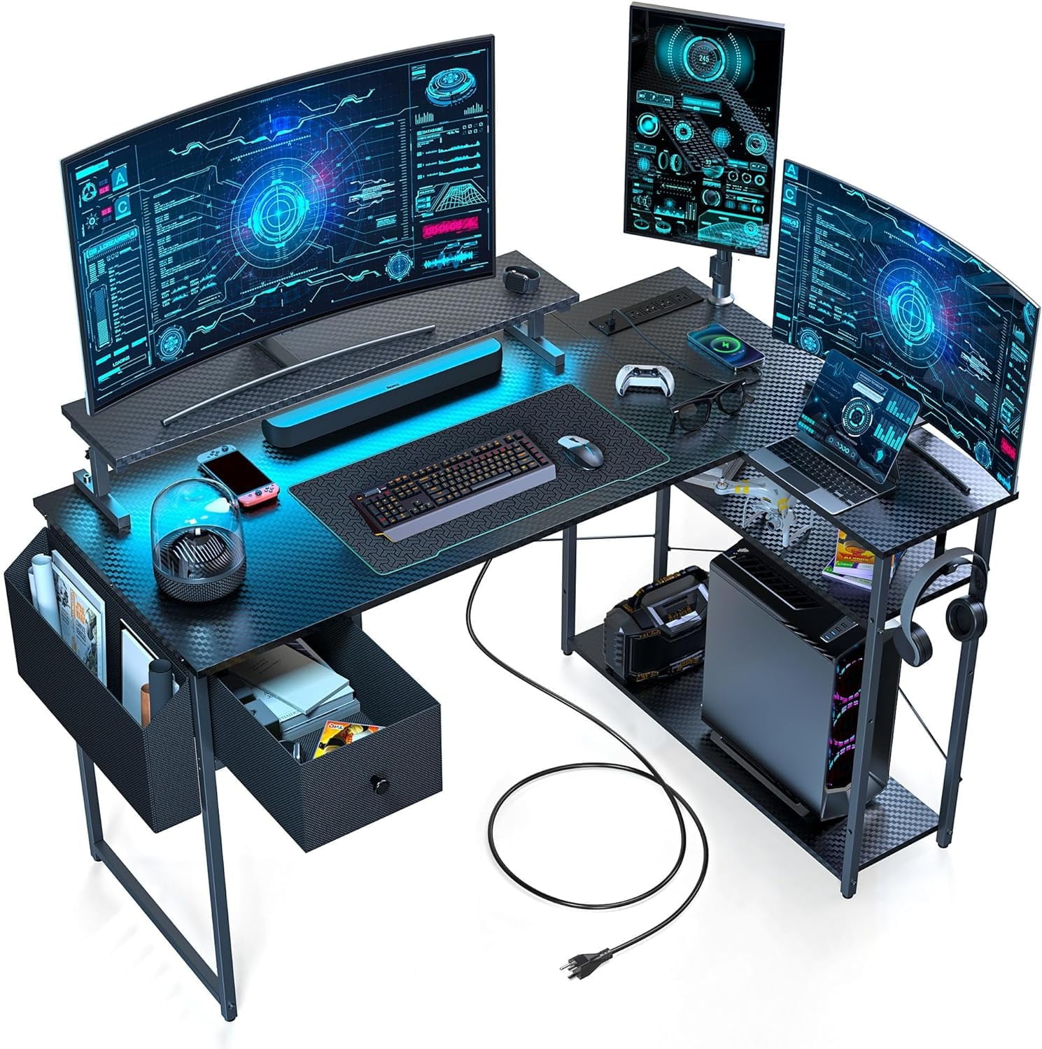Upgo 55" Gaming Desk with Adjustable Storage Rack & LED Lights, Power Outlets for Adult and Teen