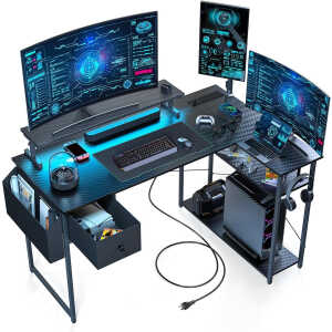 Upgo L Shaped 47" Gaming Desk with LED Lights & Adjustable Stand, Power Outlets & Storage Drawer for Adult and Teen