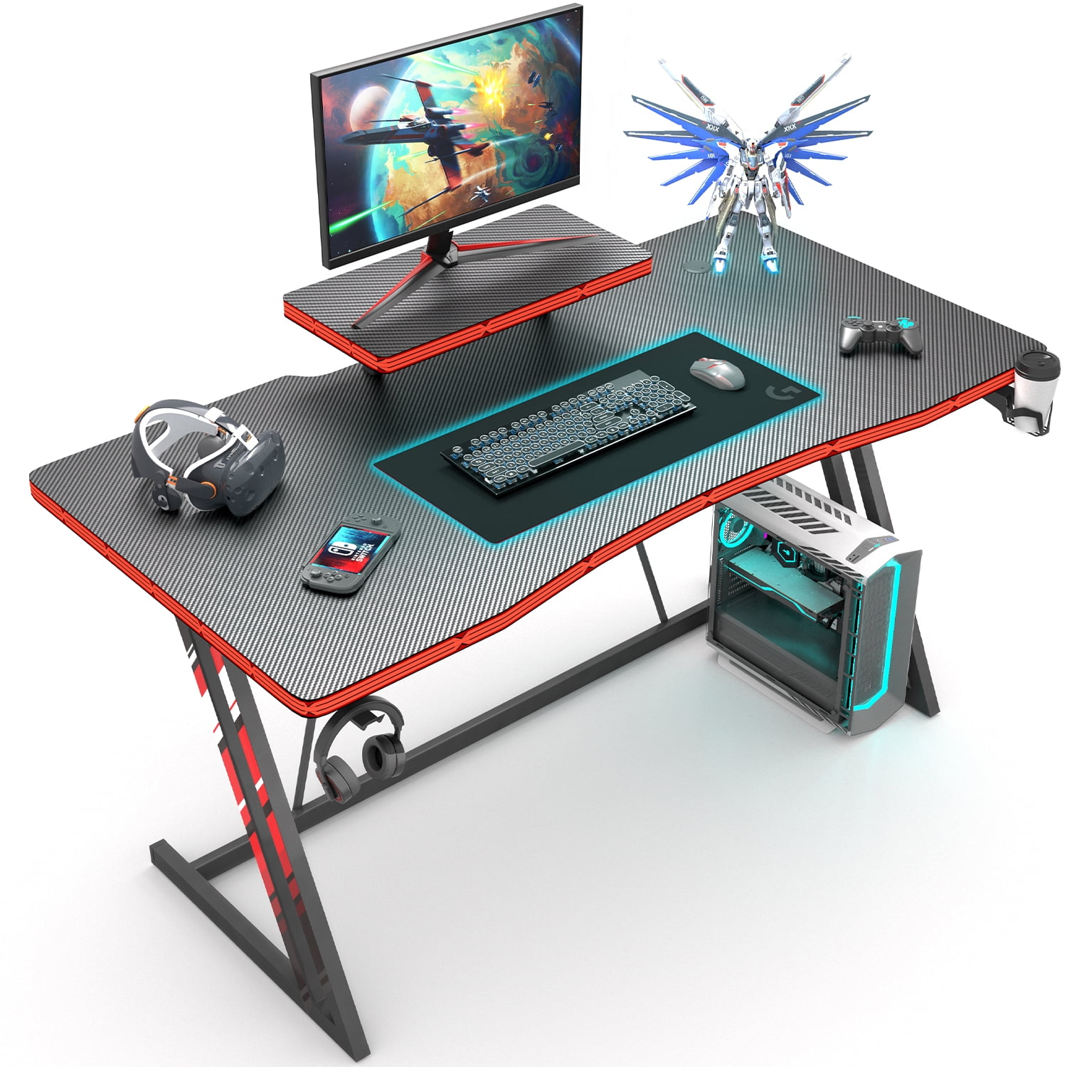 Vineego 47 inch Gaming Desk Computer Desk with Monitor Stand and Cup Holder, Black