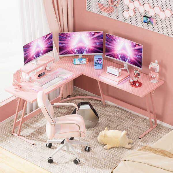 Vineego 51-inch L-Shaped Gaming Desk with Carbon Fiber Corner Computer Desk with Monitor Stand,Black