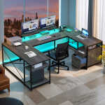 Wooflex Reversible U-Shaped Desk with Monitor Stand, Power Outlets & LED Lights, L-Shaped and Long Home Office Desk with Drawers