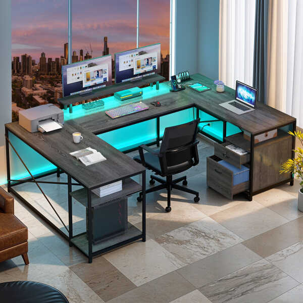Wooflex Reversible U-Shaped Desk with Monitor Stand, Power Outlets & LED Lights, L-Shaped and Long Home Office Desk with Drawers