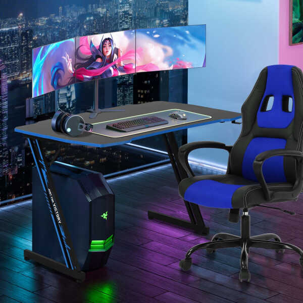 YRLLENSDAN Gaming Collection Z-Shaped Desk with Headphone Hook and Adjustable Feet, Blue