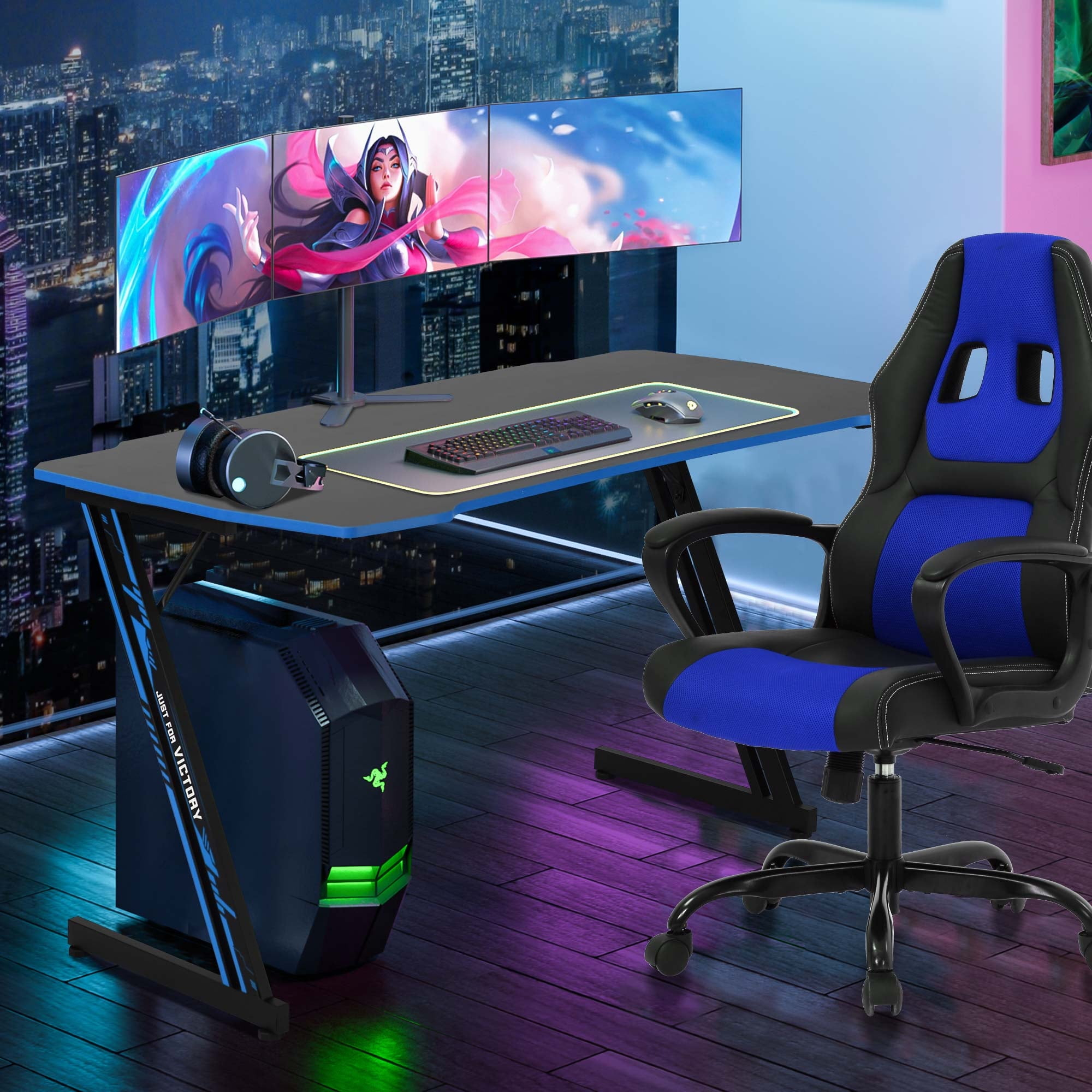 YRLLENSDAN Gaming Collection Z-Shaped Desk with Headphone Hook and Adjustable Feet, Blue