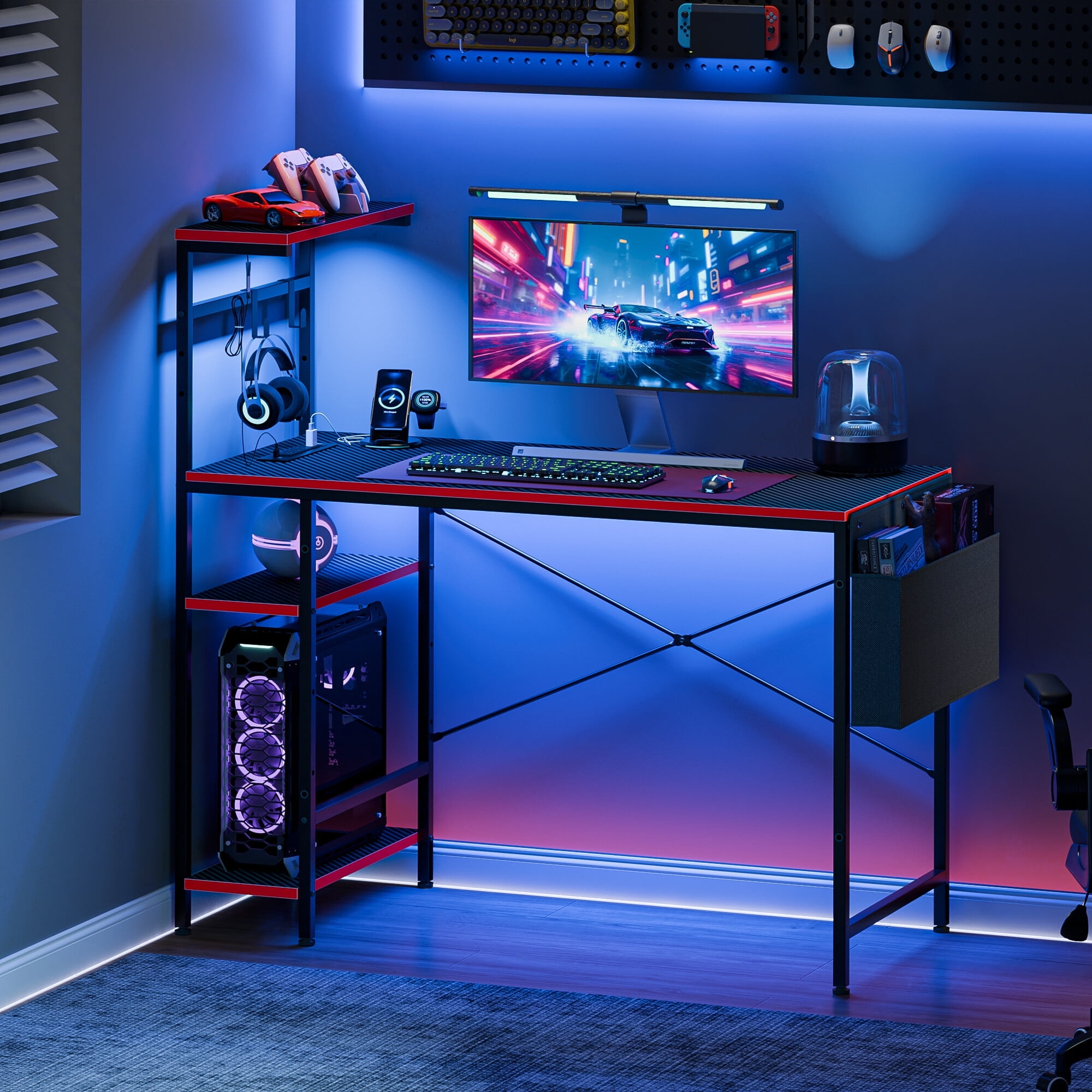 ZENY Gaming Desk with Power Outlets, 44 Inch LED Computer Desk with Side Storage Bag for Bedroom Home Office Black