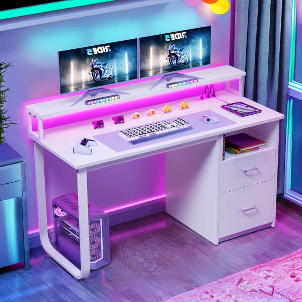 Dextrus 47 inch Computer Desk with Storage Drawers & LED Light, Office Desk with Monitor Stand & Power Outlets, Work Study PC