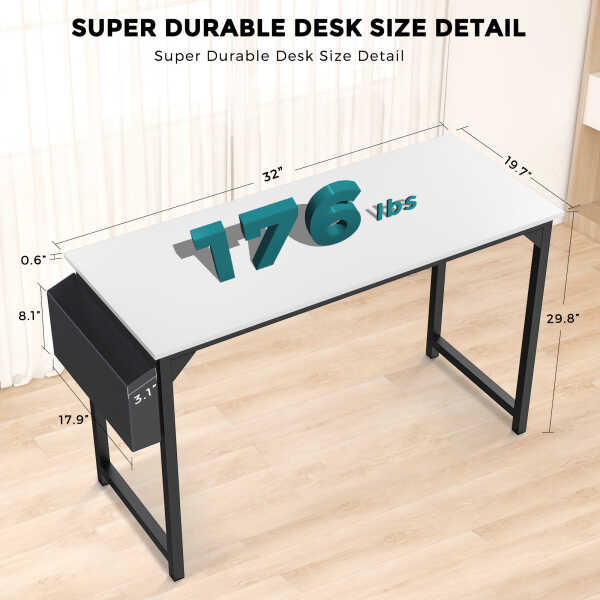 CONCETTA Computer Desk, 31 Inch with Storage Bag and Iron Hooks for Home, Office, Black