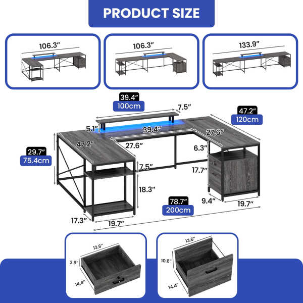 Wooflex Reversible U-Shaped Desk with Monitor Stand, Power Outlets & LED Lights, L-Shaped and Long Home Office Desk with Drawers