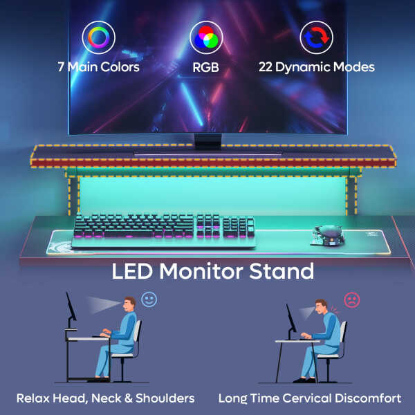 Pinmoco 42" Reversible L-Shaped Gaming Desk with Monitor Stand, LED Lights& Headset Hooks, Home Office, Carbon Fiber Black
