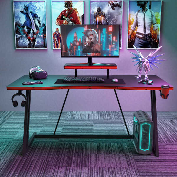 Vineego 47 inch Gaming Desk Computer Desk with Monitor Stand and Cup Holder, Black