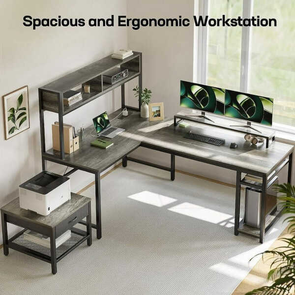 CHITOOMA 67 Inch Reversible L-Shaped Computer Desk Gaming Desk with Power Outlets,USB Ports,LED Strip,Storage Shelves & Monitor