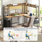 Homieasy L Shaped Desk with Power Outlet and LED lights, Reversible Corner Computer Desk with Hutch and Storage Shelf, Ergonomic