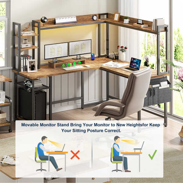 Homieasy L Shaped Desk with Power Outlet and LED lights, Reversible Corner Computer Desk with Hutch and Storage Shelf, Ergonomic