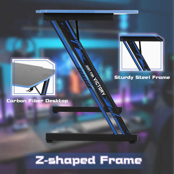 YRLLENSDAN Gaming Collection Z-Shaped Desk with Headphone Hook and Adjustable Feet, Blue