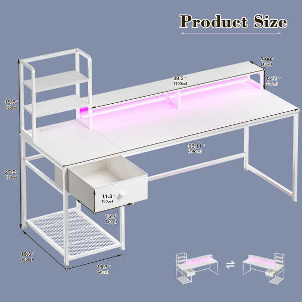 EnHomee 43.3" Gaming Desk with LED Lights & Power Outlets, Computer Desk with Drawers, Home Office Desks with Reversible Shelves