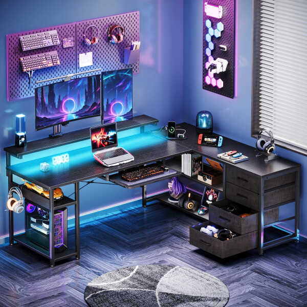 KKL 61 inch L Shaped Gaming Desk with 4 Drawers & Power Outlets, Home Office Desk with Adjustable Heights Monitor Stand &