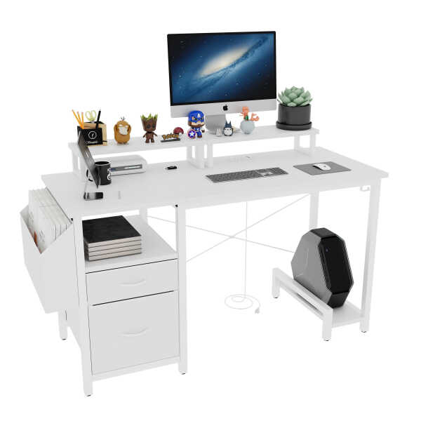 Furnibear Computer Desk with Drawer and Power Outlets, 47" Office Desk with 2 Monitor Stands and Fabric File Cabinet for Home