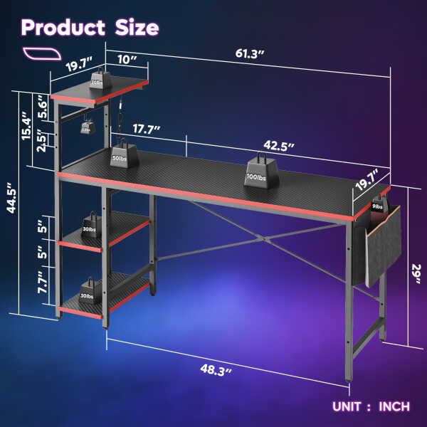 Bestier 61" Reversible Gaming Desk with PC Shelf Computer Desk with LED Light Carbon Fiber
