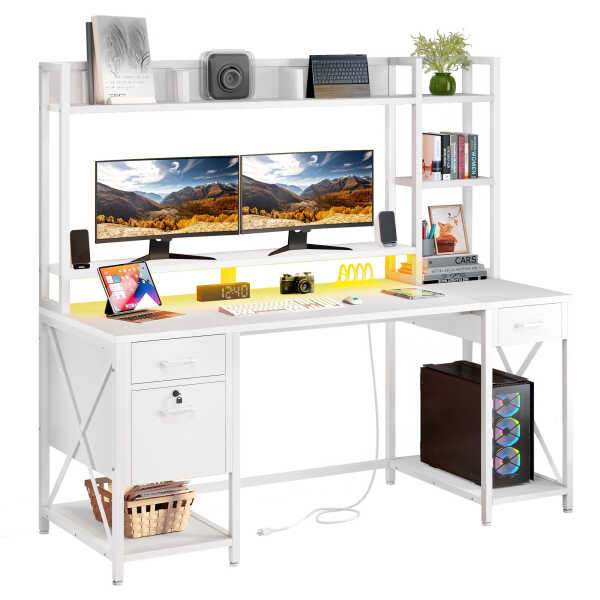 Dextrus 59.1"Computer Desk with Power Outlets & Hutch, Office Desk with Storage Shelves & Drawers with Lock, Gaming Desk with