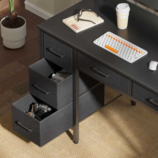 Greenstell 39" Computer Desk with Built-in Outlets & LED, 5-Drawer Office Desk with Monitor Stand, White
