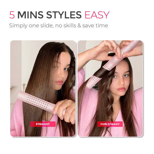 TYMO 360&deg Airflow Curling Iron, Flat Iron Hair Straightener and Curler 2 in 1, 5 Temps & Dual Voltage, 1.25 Inch, Pink