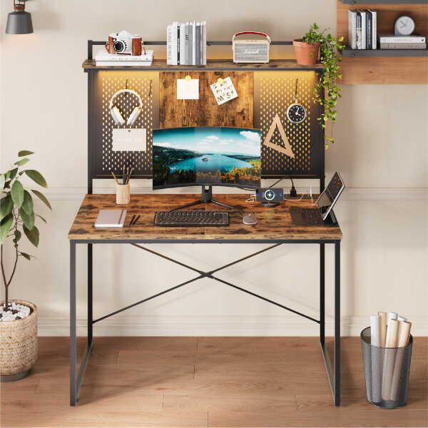 Bestier Gaming Desk with Power Outlets & LED Light, 39.3 Inch Computer Desk Office Table with Storage Shelves Pegboard, Rustic