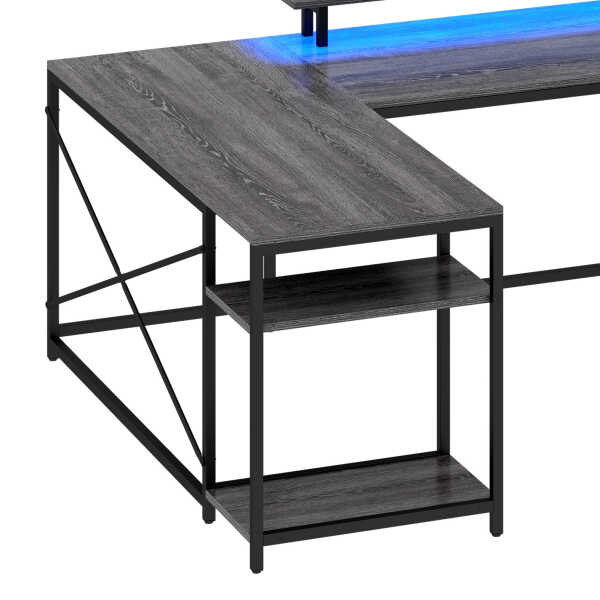 Wooflex Reversible U-Shaped Desk with Monitor Stand, Power Outlets & LED Lights, L-Shaped and Long Home Office Desk with Drawers