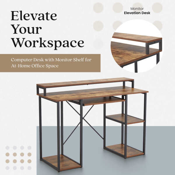 JOMEED Computer Desk with Monitor Shelf for At-Home Office, Brown/Black