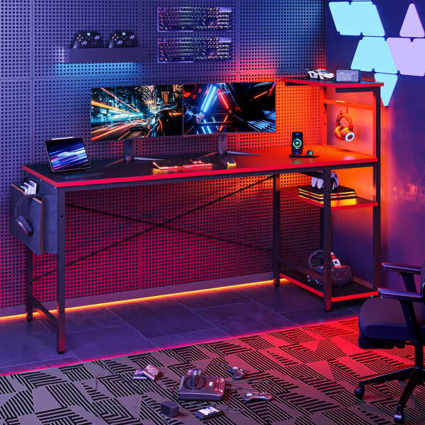 Bestier 61" Reversible Gaming Desk with PC Shelf Computer Desk with LED Light Carbon Fiber