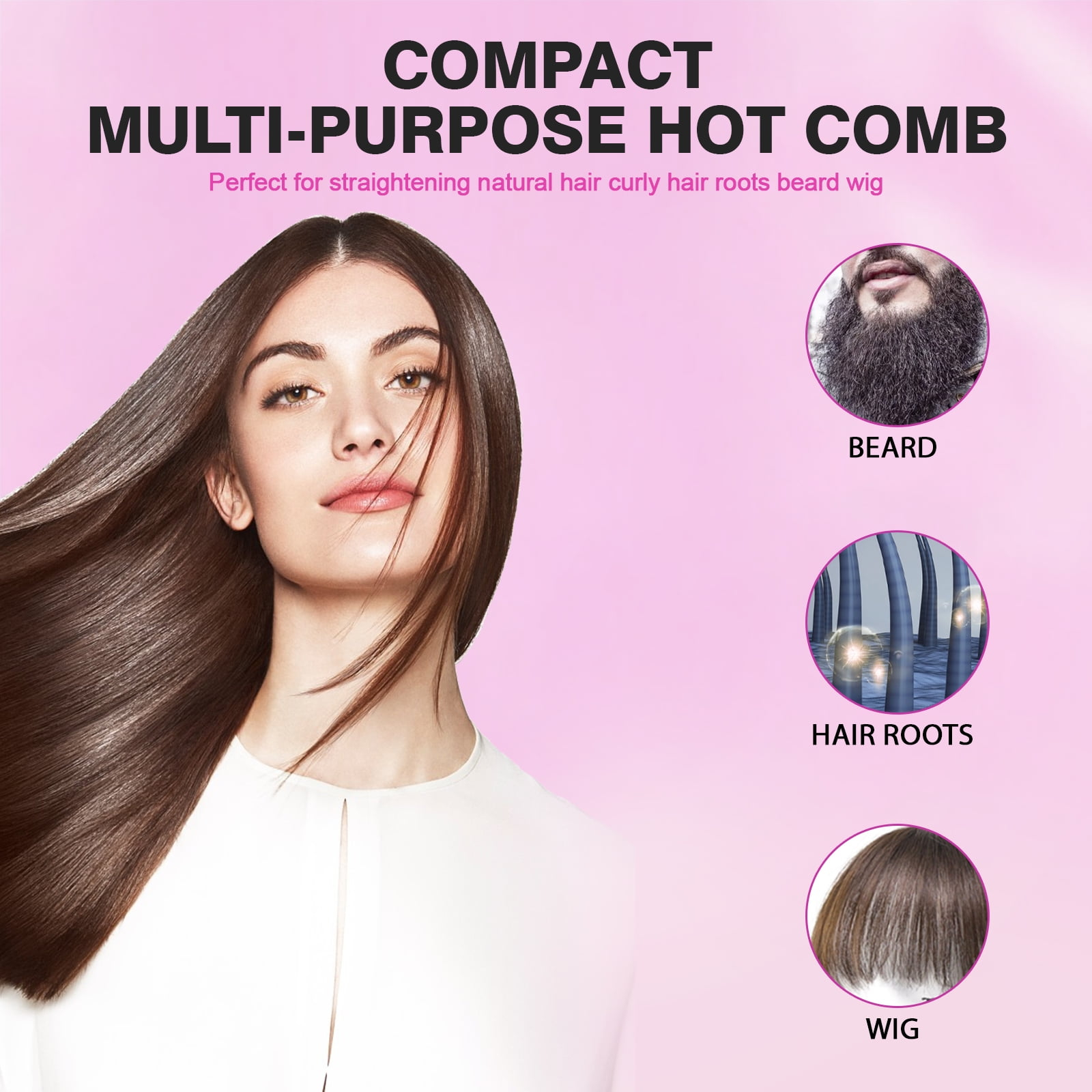 DAN Technology 2 in 1 Electric Hot Comb Iron 450 for Black Hair Wigs Beard,Double Side Teeth Creamic Heat Pink Pressing Comb