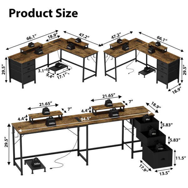 GIKPAL L Shaped Computer Desk, Reversible Gaming Desk with Drawers, Corner Desk with Storage Shelves & Monitor Stand, Home