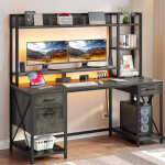 DWVO 59.1"Computer Desk with Power Outlets & Hutch, Office Desk with Storage Shelves & Drawers with Lock, Gaming Desk with LED