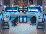 Homieasy L Shaped Desk with Power Outlet and LED lights, Reversible Corner Computer Desk with Hutch and Storage Shelf, Ergonomic