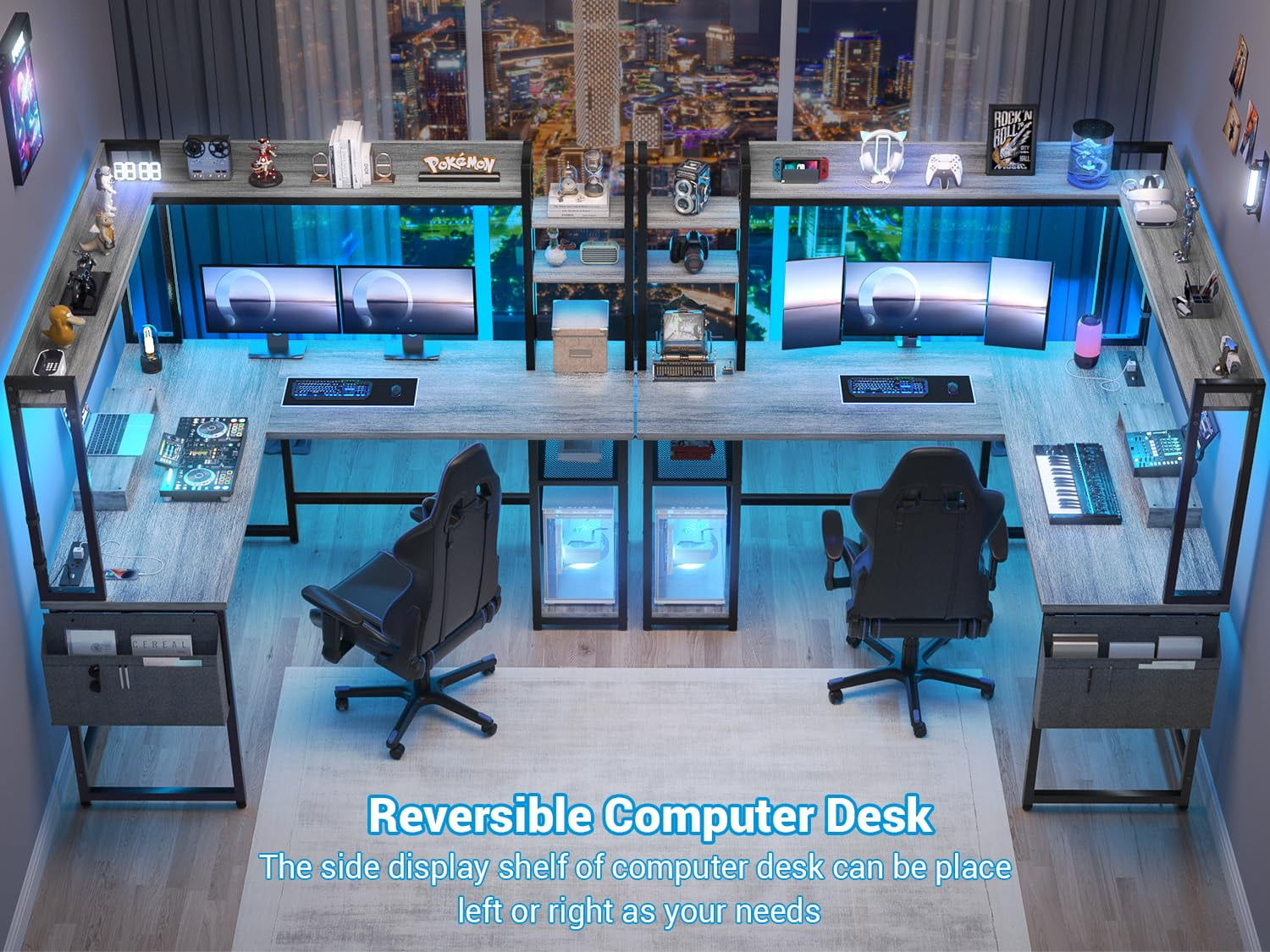 Homieasy L Shaped Desk with Power Outlet and LED lights, Reversible Corner Computer Desk with Hutch and Storage Shelf, Ergonomic